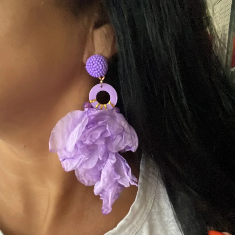 Boho Purple Fabric NWT Chandeliers Earrings.